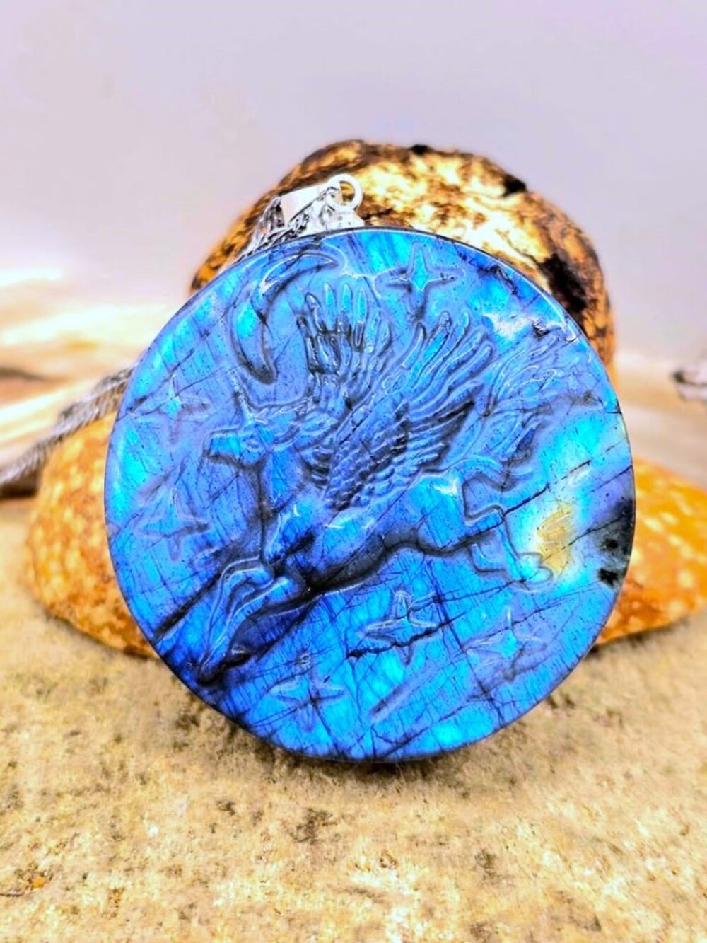 Natural Labradorite Carved Flying Pegasus Starry Sky Pendant Necklace